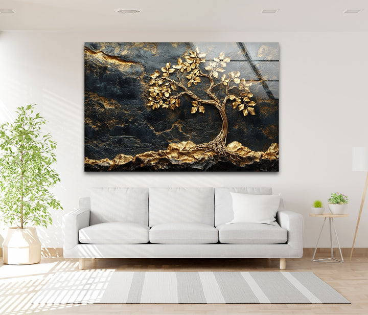 Golden Roots Tree – Strukturierte Luxus-Wandkunst aus Glas