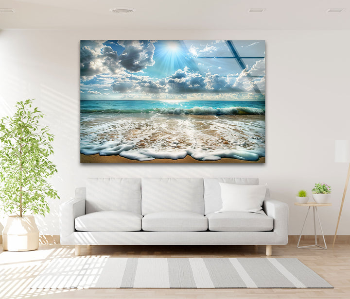 Sunlit Ocean Waves and Sandy Beach - Glass Wall Art