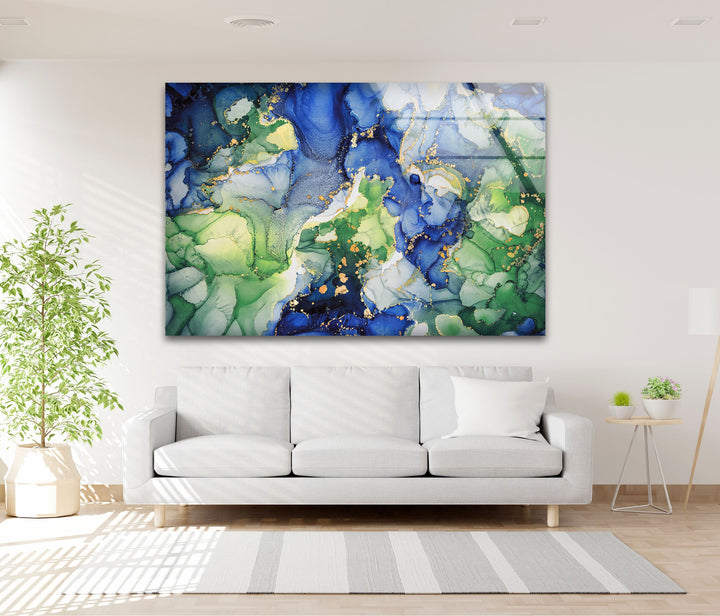 Emerald Ocean Currents – Blue & Green Abstract Glass Wall Art