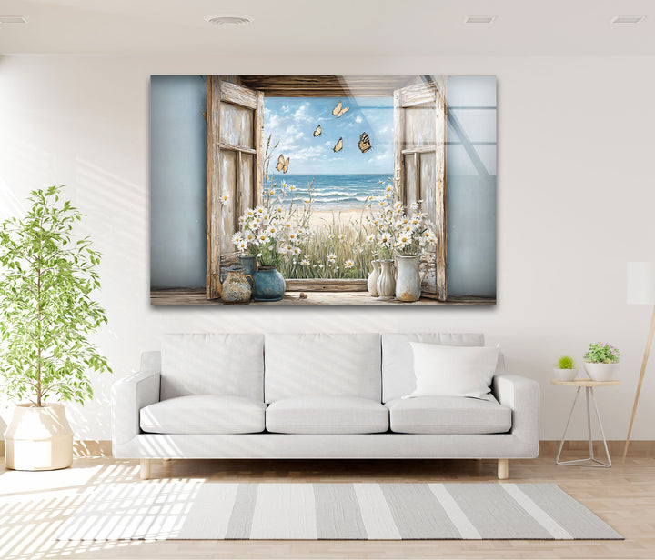 Butterfly Breeze – Window Flower & Ocean View Glass Wall Art