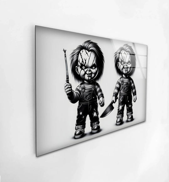 A haunting black and white glass wall art showcasing creepy twin dolls, perfect for horror lovers.

