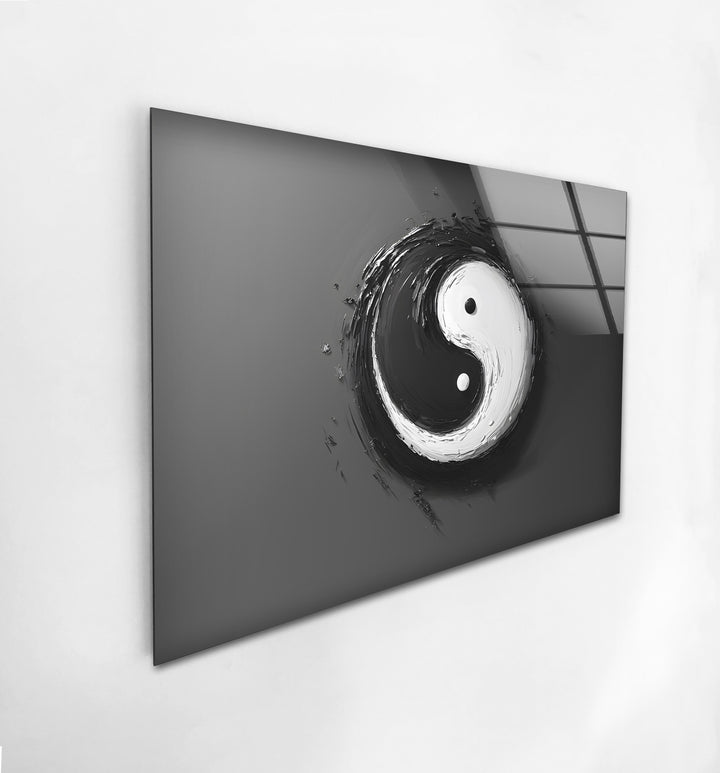 Elegant yin-yang artwork in black and white, symbolizing balance and harmony on glass wall art.