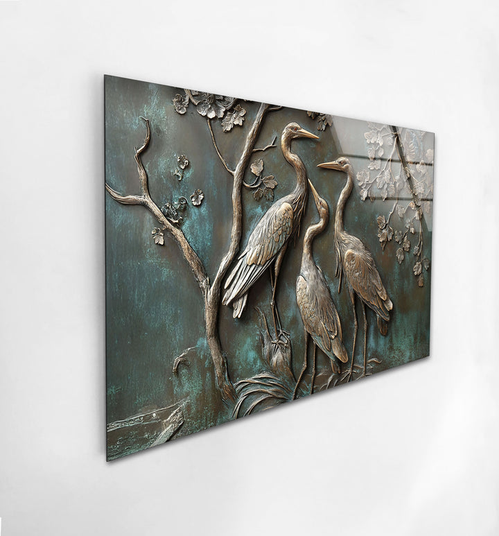 Verdigris Harmony – Bronze Crane Trio Glass Wall Art