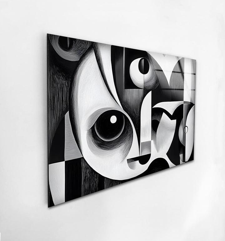 Modern cubist artwork in black and white, beautifully printed on high-quality glass wall art.