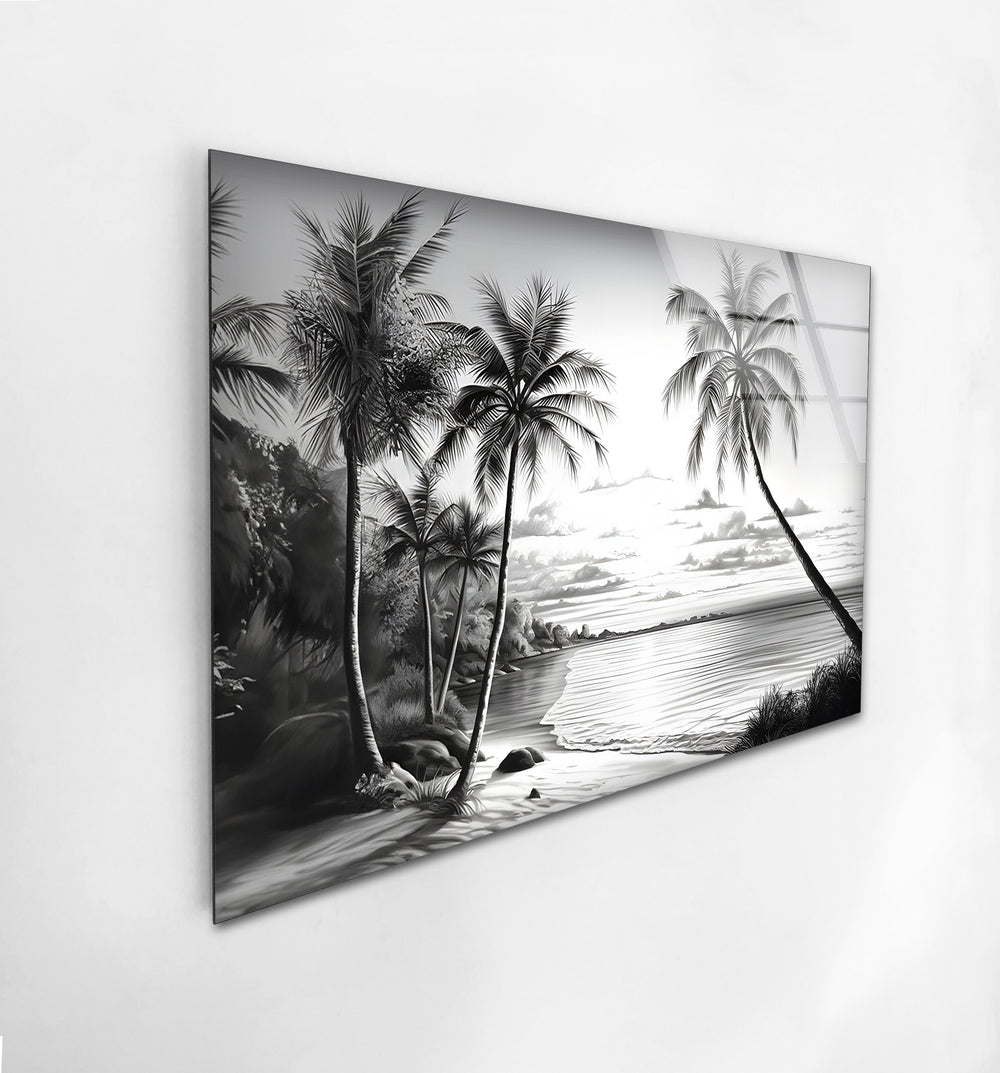 Elegant coastal-inspired black and white glass wall art, capturing the beauty of a tropical paradise.