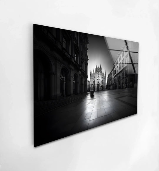 Dynamic lines draw the eye forward, creating a sense of movement through the Duomo di Milano black and white cityscape wall prints.