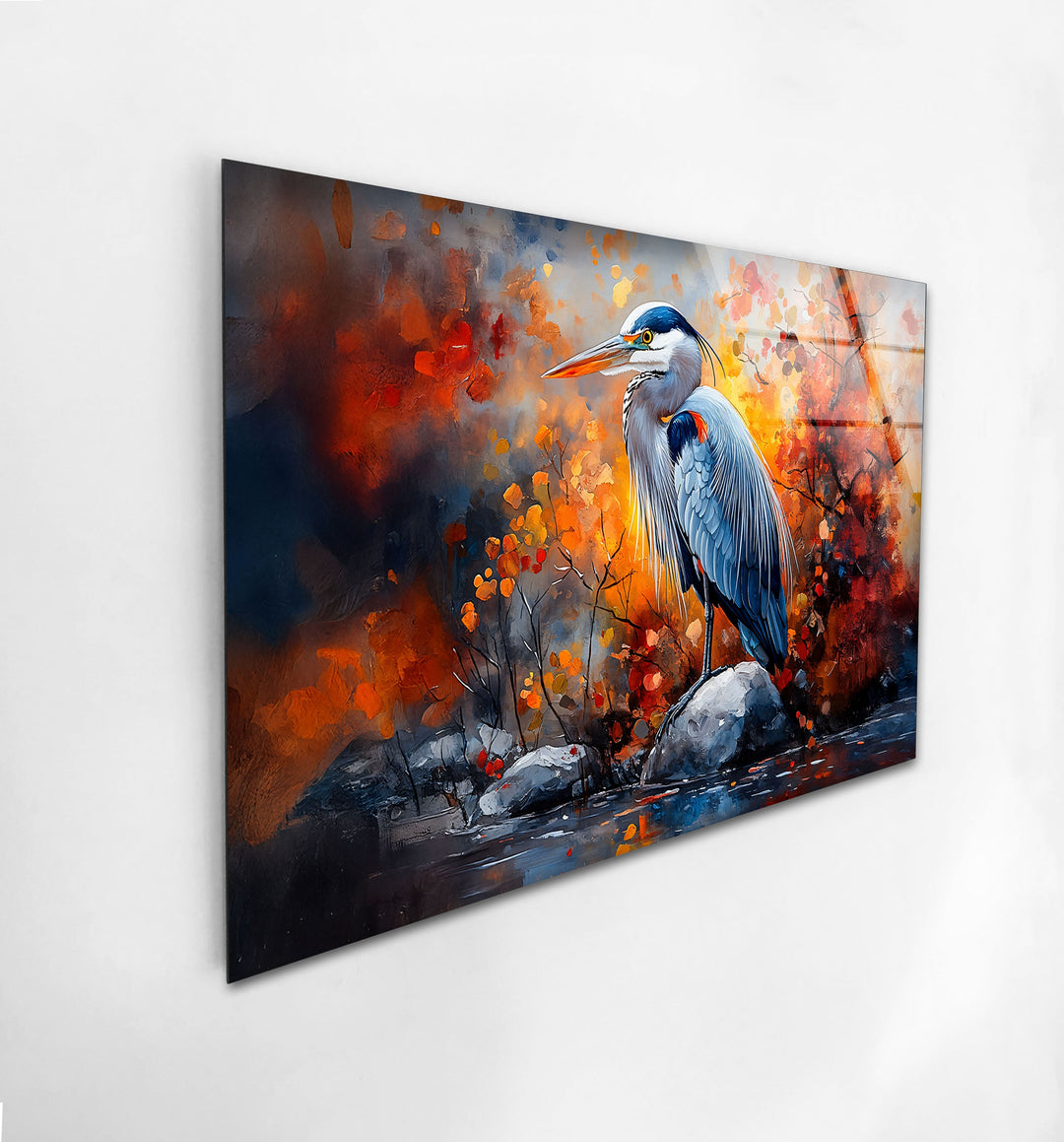 Herbstmajestät – Reiher im feurigen Laub Glaswandkunst
