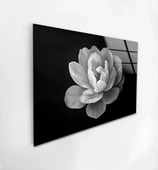 Contemplative mood evoked by this elegant bloom: black and white glass wall art, enhanced with impeccable glass printing.