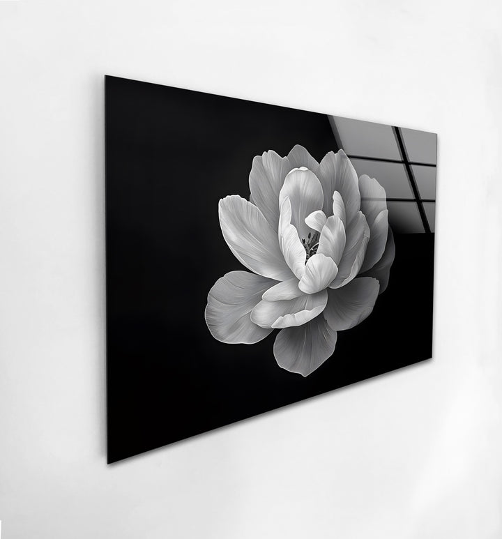 Elegant monochrome floral artwork on glass, perfect for adding sophistication to any space.