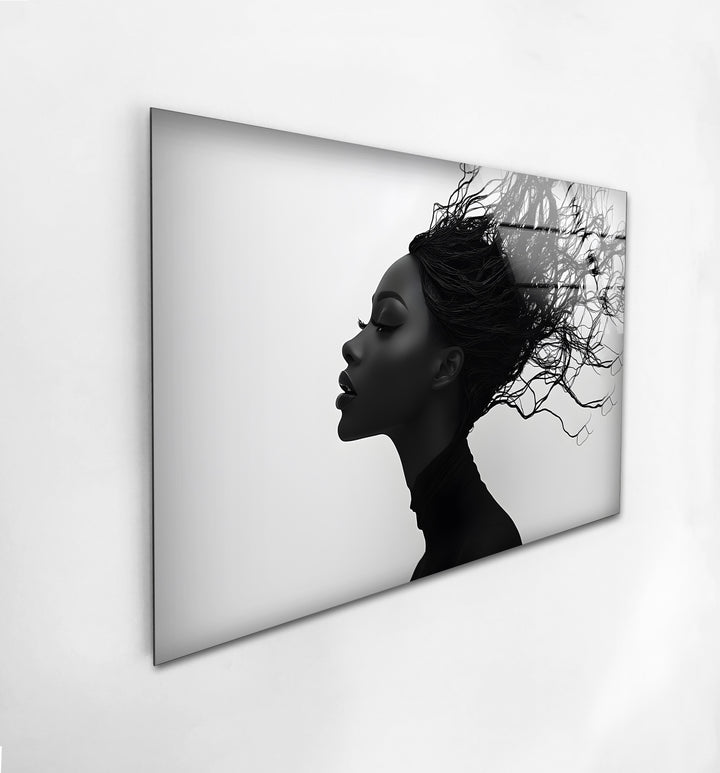 Abstract Profile Portrait – Black & White Woman with Flowing Hair Wall Art