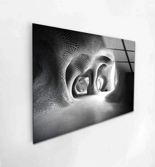 Futuristic abstract architecture in black and white offers a striking finish on this art from glass.