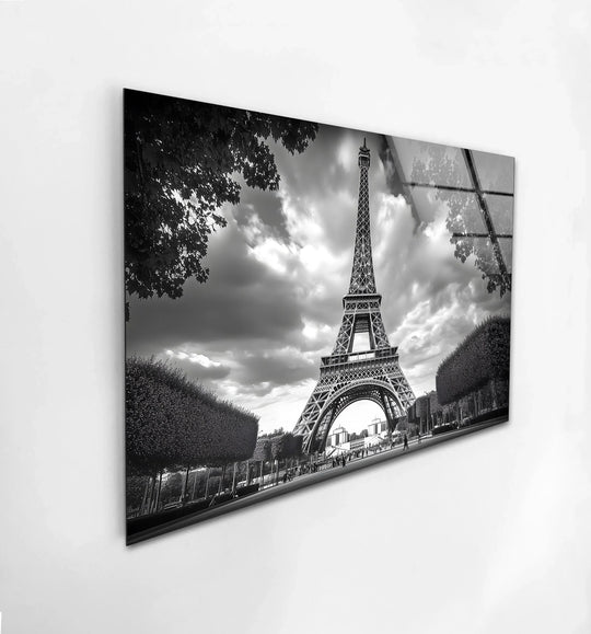 City Prints glossy glass wall art showing Eiffel Tower Elegance and black and white Paris cityscape and landmark art for elegant interiors