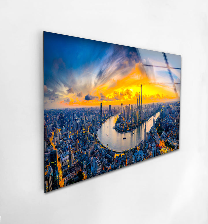 Glaswandkunst mit Skyline von Shanghai – Luftaufnahme des Stadtbilds bei Sonnenuntergang