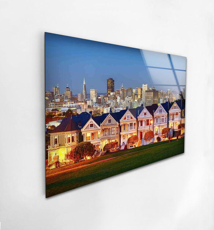 San Francisco Glaswandkunst – Painted Ladies &amp; Skyline der Stadt