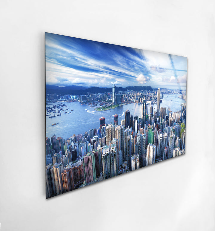 Glaswandkunst mit Skyline von Hongkong – Stadtbild und Hafenblick aus der Luft