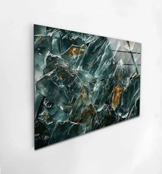 Close-up of vivid green abstract marble glass wall art with fractured crystal-like formations, perfect for hanging wall art.