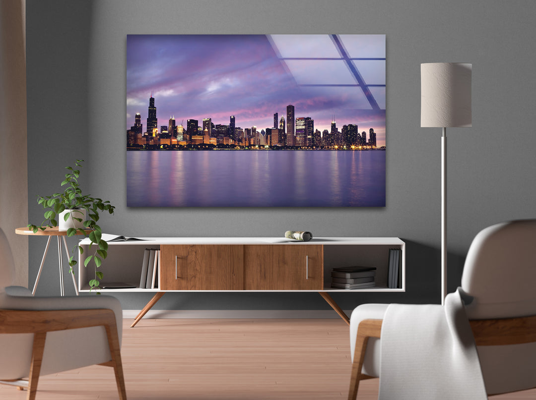 Glaswandkunst mit der Skyline von Chicago – Atemberaubender Blick auf die Innenstadt von Chicago bei Sonnenuntergang