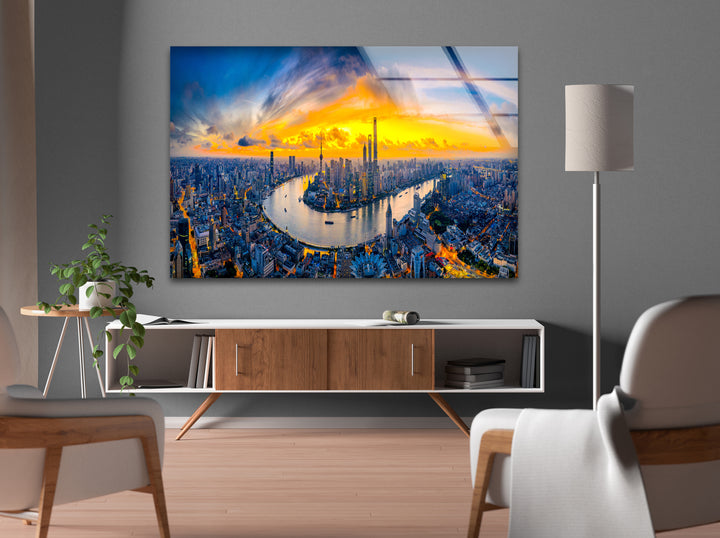 Glaswandkunst mit Skyline von Shanghai – Luftaufnahme des Stadtbilds bei Sonnenuntergang