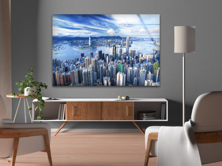 Glaswandkunst mit Skyline von Hongkong – Stadtbild und Hafenblick aus der Luft