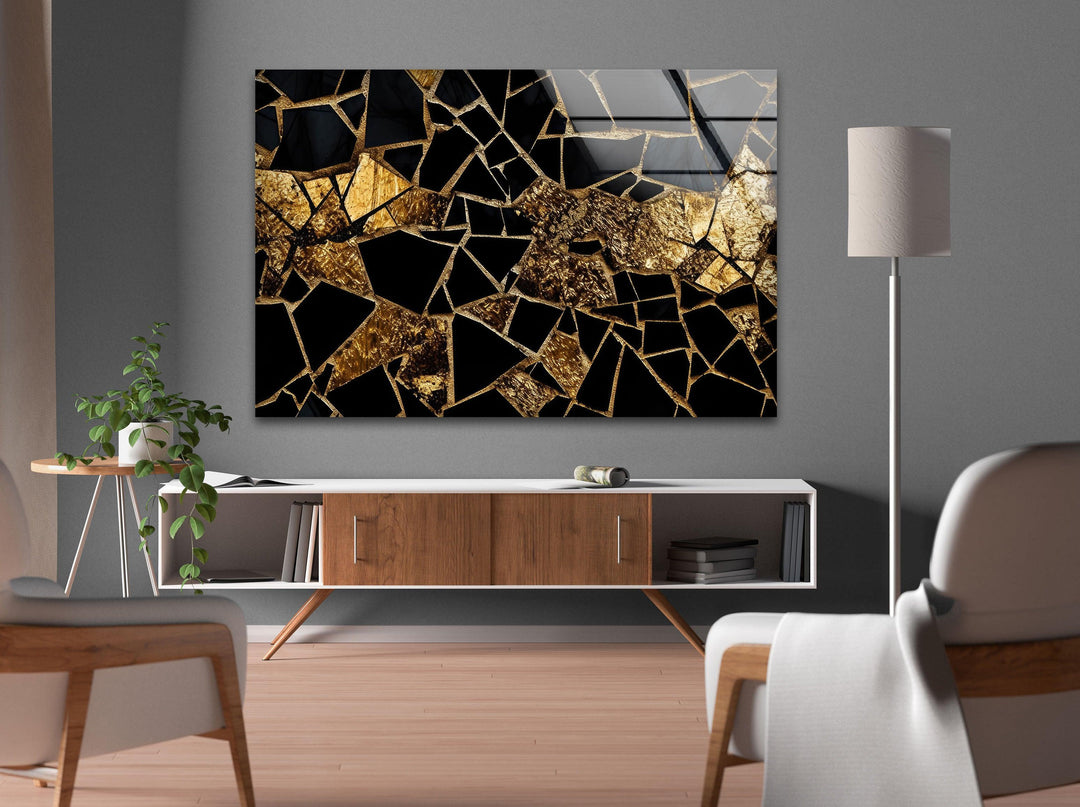 Schwarzer Marmor mit goldener Buntglas-Wandkunst