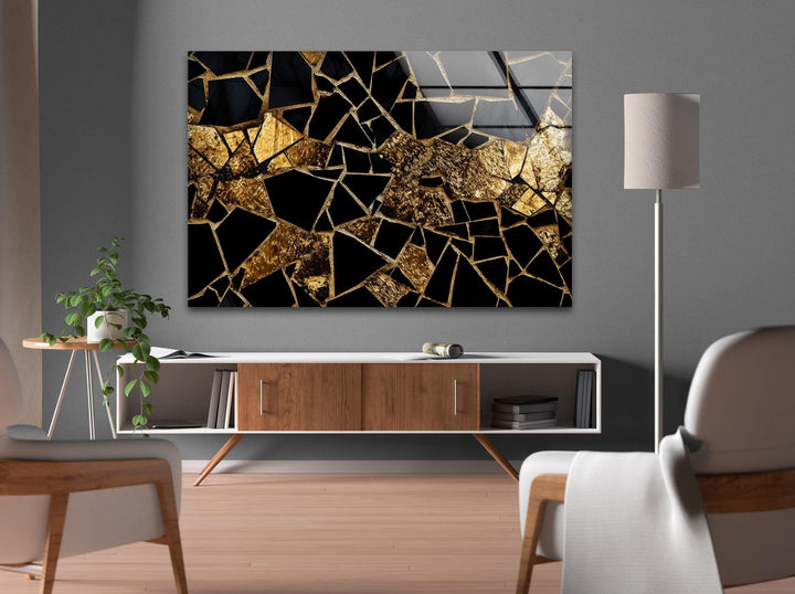 Schwarzer Marmor mit goldener Buntglas-Wandkunst