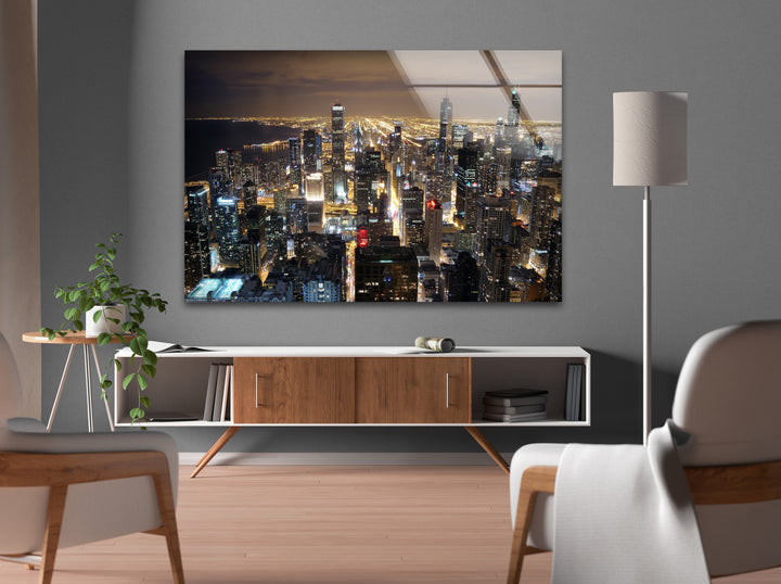 Chicago Stadtbild Glaswandkunst – Nacht Skyline Modernes Dekor