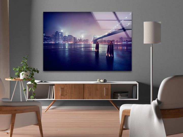 Brooklyn Bridge Glaswandkunst – Atemberaubende Skyline von New York bei Nacht mit Brooklyn Bridge