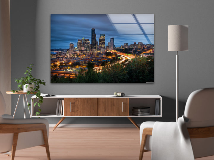 Seattle Skyline Glaswandkunst – Atemberaubender Blick auf die Innenstadt von Seattle bei Nacht