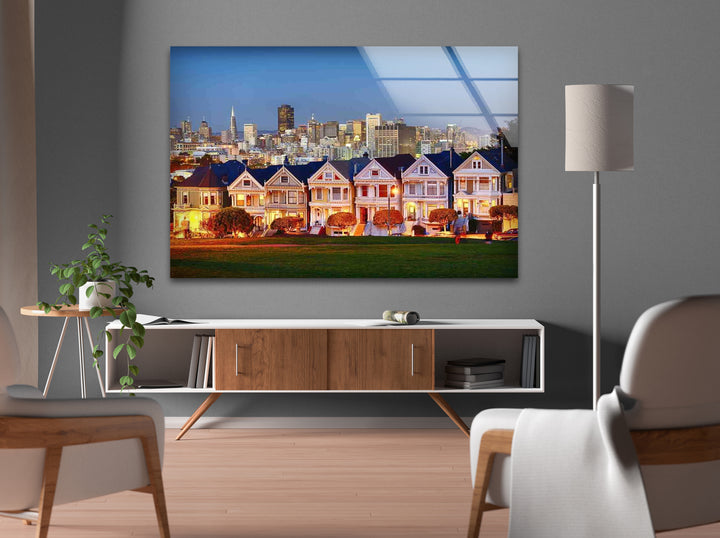 San Francisco Glaswandkunst – Painted Ladies &amp; Skyline der Stadt