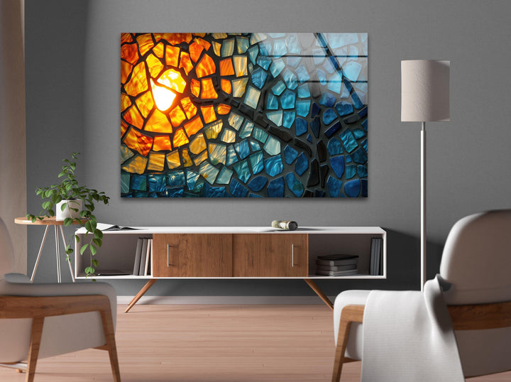 Mosaic Orange & Blue Glass Wall Art print on glass, glass printed photos