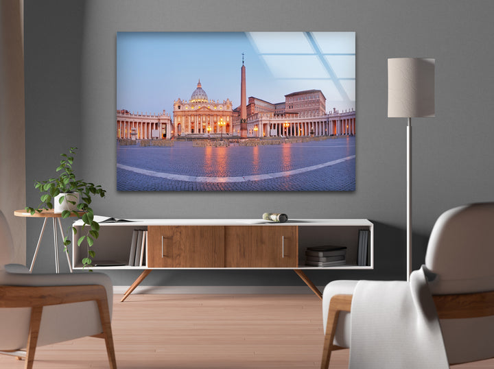 Glaswandkunst der Vatikanstadt – Majestätischer Blick auf den Petersplatz im Morgengrauen