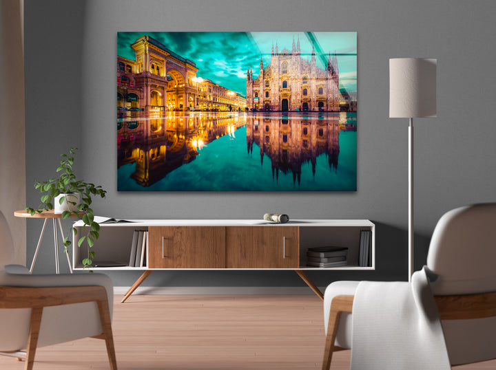 Glaswandkunst mit Stadtbild von Mailand – Spiegelbild der berühmten Domkathedrale und der Galleria Vittorio Emanuele
