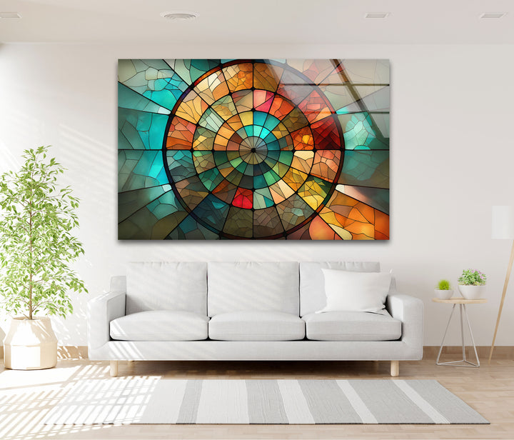 Rustikale Mosaik-Wandkunst aus Buntglas – Erdiges rundes Fensterdesign