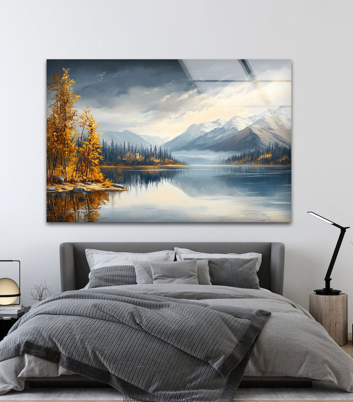 Snow-Capped Mountains and Autumn Trees - Glass Wall Art