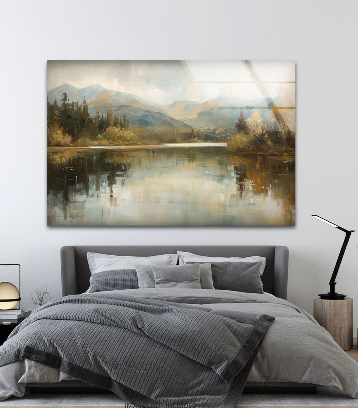 Tranquil Mountain Reflection – Misty Lake Scene Glass Wall Art