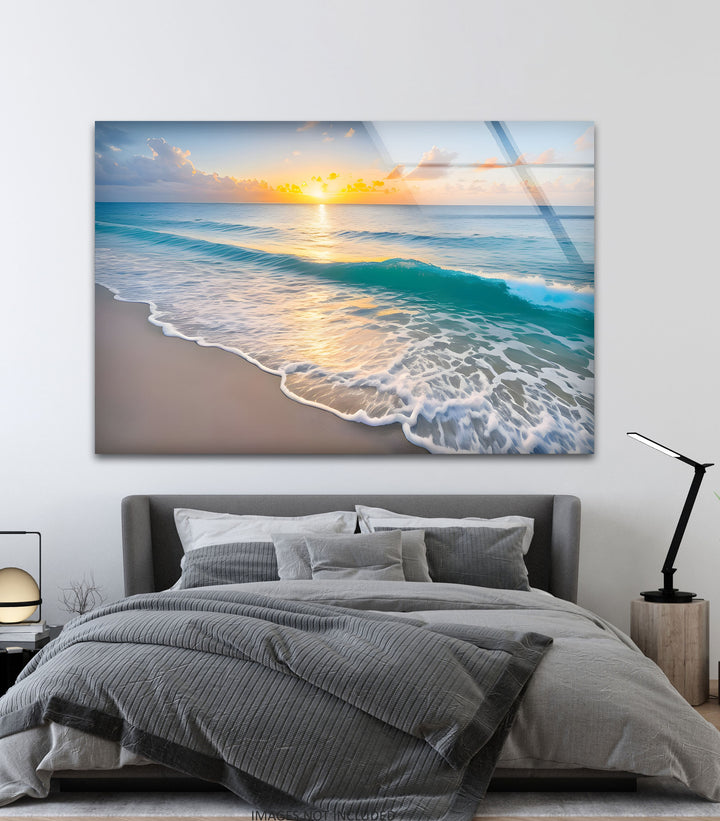 Serene Shoreline – Sunset Ocean Glass Wall Art