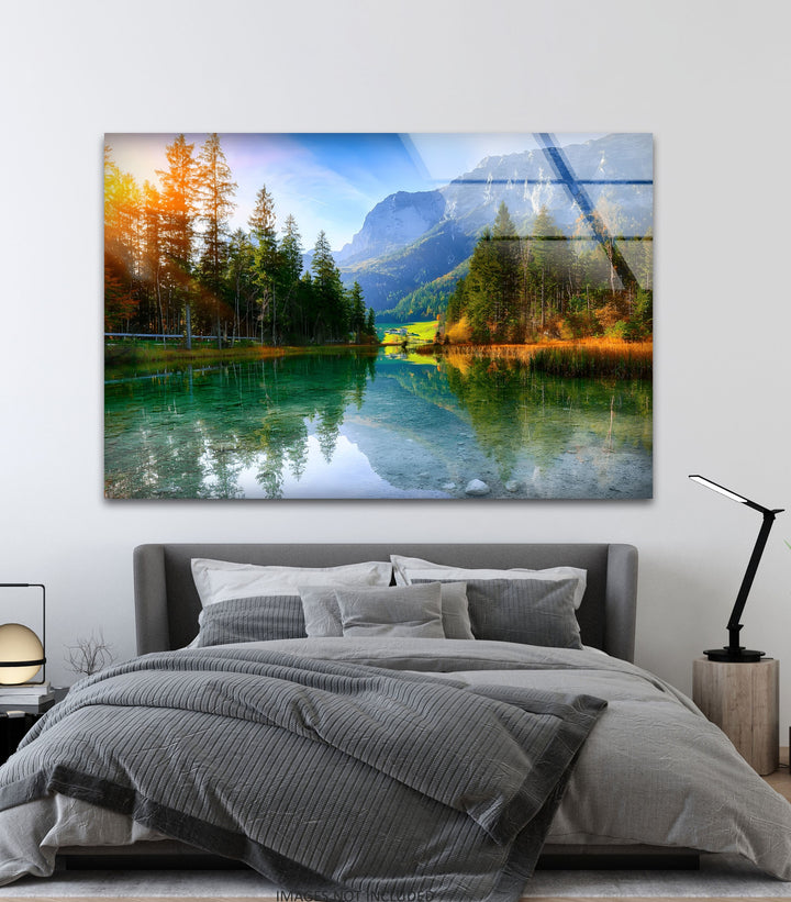 Tranquil Reflections – Alpine Lake and Mountain View Glass Wall Art