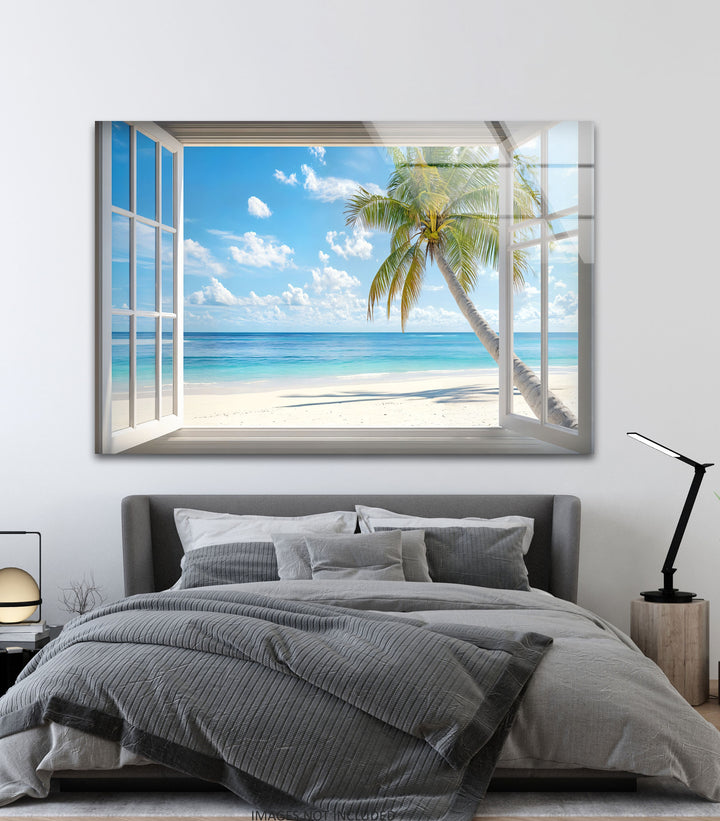 Tropical Escape – Palm Tree Ocean View Glass Wall Art