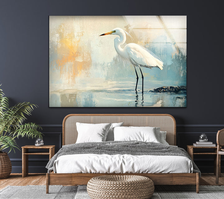 Whispering Waters – Minimalistische Reiher-Wandkunst aus Glas