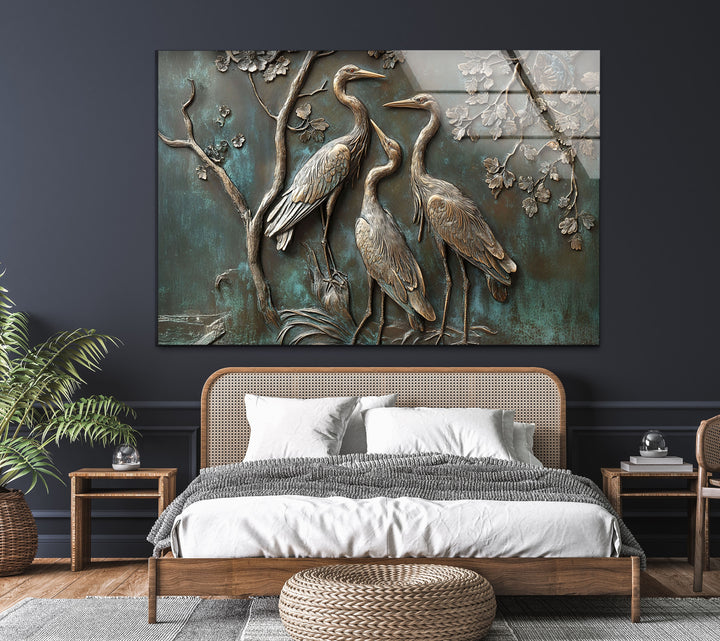 Verdigris Harmony – Bronze Crane Trio Glass Wall Art