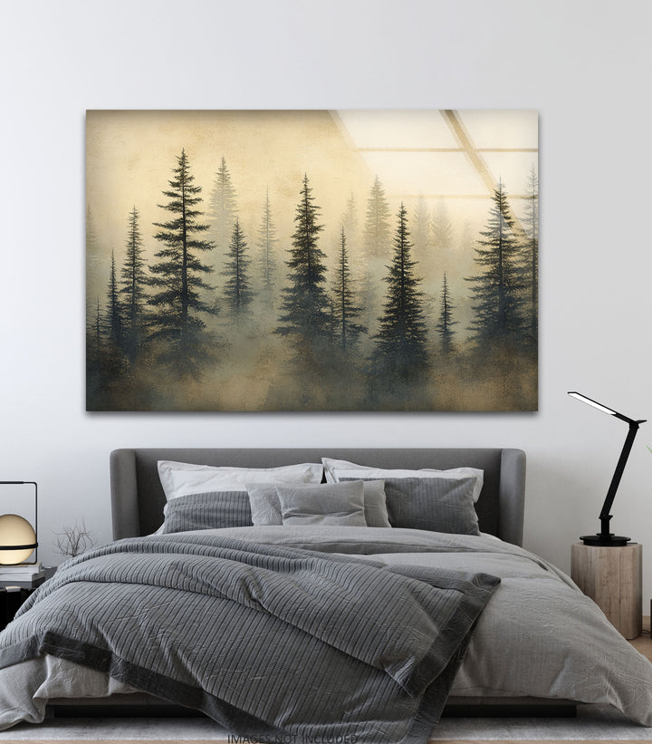 Whispers in the Pines – Misty Forest Scene Glass Wall Art