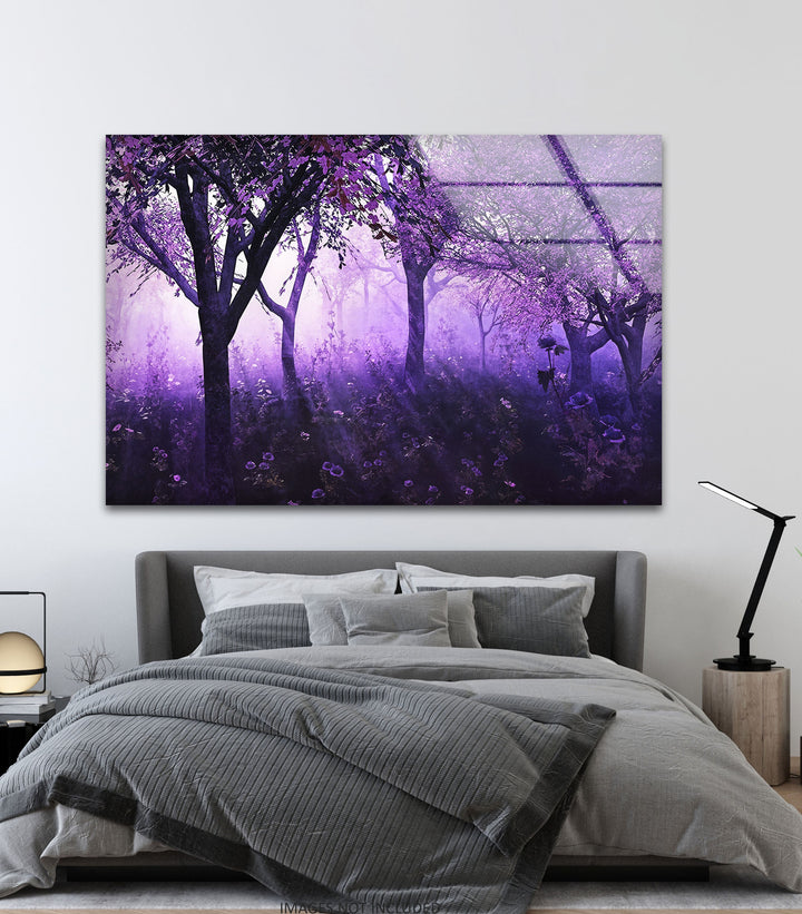 Mystic Purple Forest – Enchanted Trees with Lavender Light Glass Wall Art