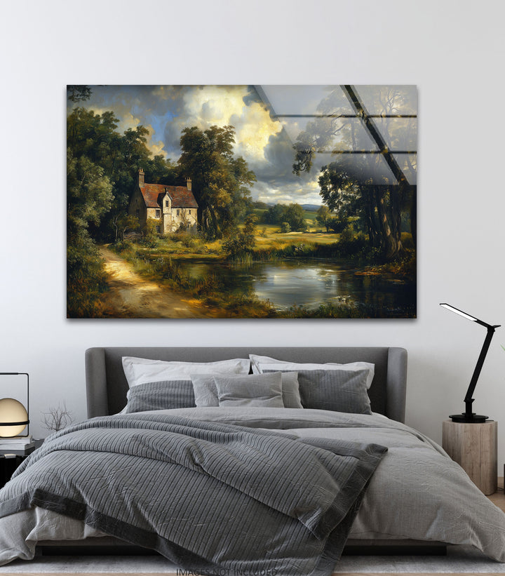 Cottage by the Pond – Vintage Countryside Landscape Glass Wall Art