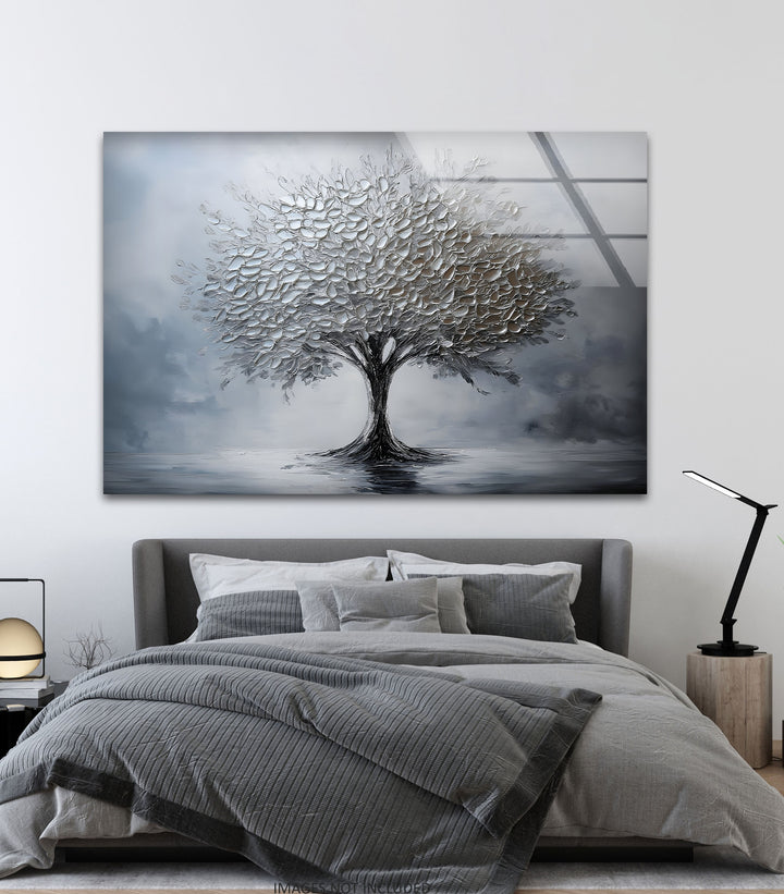 Silver Serenity – Moderne strukturierte Baumglas-Wandkunst