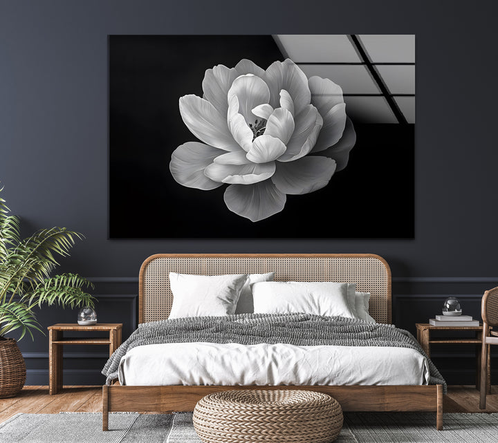 Minimalist and elegant floral design in black and white, beautifully printed on glass wall art.