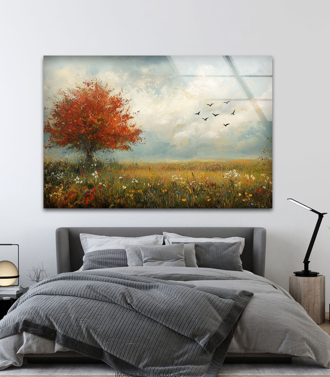 Golden Meadow Breeze – Red Tree in Bloom Glass Wall Art