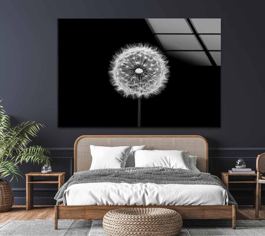 A beautifully detailed dandelion artwork in monochrome, adding a peaceful touch to modern interiors.