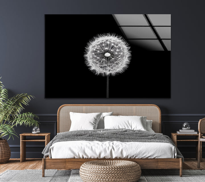 A beautifully detailed dandelion artwork in monochrome, adding a peaceful touch to modern interiors.