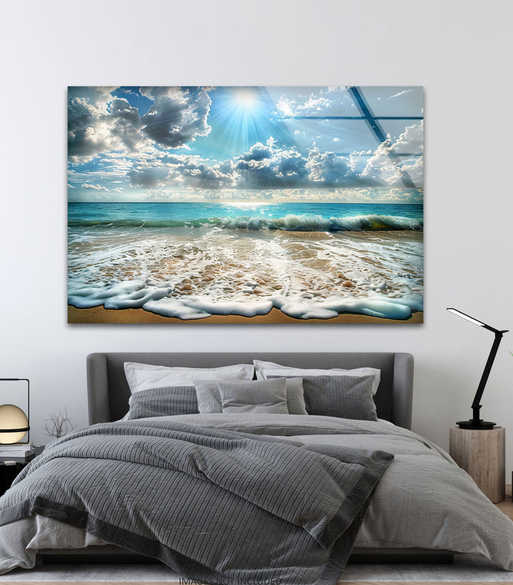 Sunlit Ocean Waves and Sandy Beach - Glass Wall Art