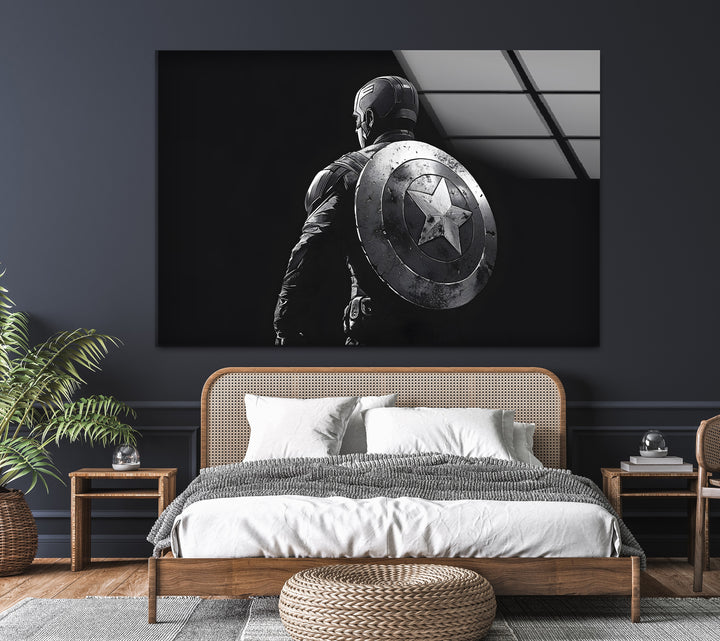 Captain America: Striking Black and White Artwork on Glass
